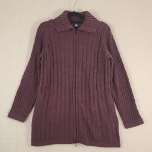 Denim Co Women's Sz S Cable Knit Cardigan Sweater Zip Front Burgundy Preppy